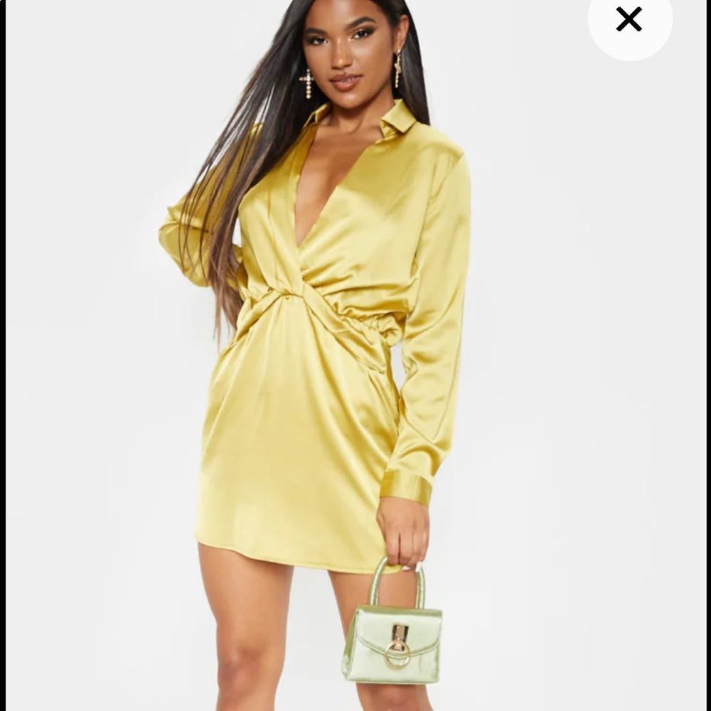NWT Katalea Dark Lime Twist Front Silky Shirt Dress NWT pretty little thing